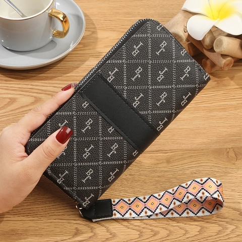 Lange Damen Geldbörse Reißverschluss Clutch Monogramm PU Leder Große Kapazität Mit Ethno Handgelenkschlaufe Elegante Handtasche