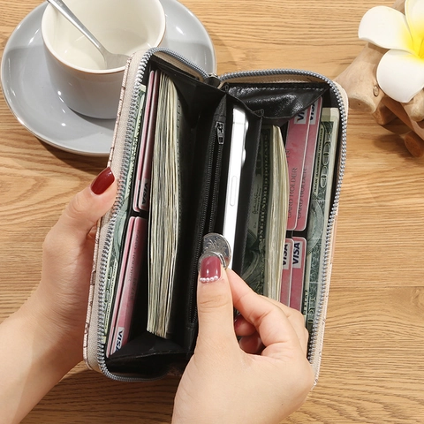 Lange Damen Geldbörse Reißverschluss Clutch Monogramm PU Leder Große Kapazität Mit Ethno Handgelenkschlaufe Elegante Handtasche