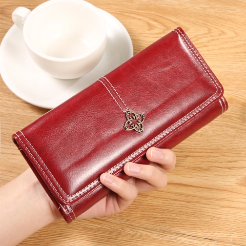 Damen Lang Geldbörse Aus Rindsleder Große Kapazität Viele Kartenfächer Kontrastnähte Kleeblatt Dekor Elegante Clutch