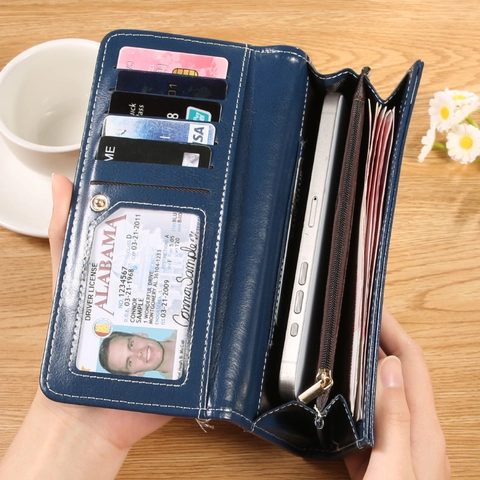 Damen Lang Geldbörse Aus Rindsleder Große Kapazität Viele Kartenfächer Kontrastnähte Kleeblatt Dekor Elegante Clutch