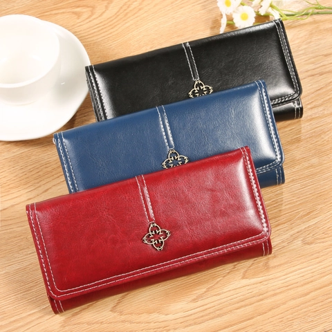 Cartera Larga Mujer Cuero De Cera De Aceite Cartera De Mano Portatarjetas Bolsillo Teléfono Costuras Contraste Retro