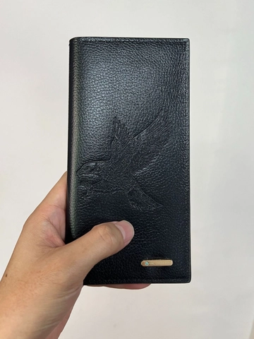 Cartera Larga Hombre PVC Cuero Grano Lichi Multi Ranuras Tarjetas Negocios Gran Capacidad Águila Relieve Negro
