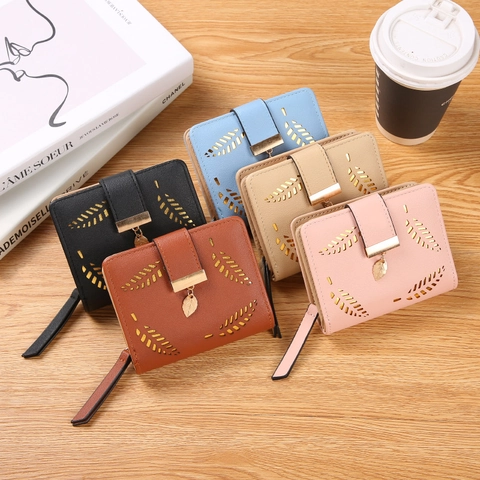 Women Small Bifold Wallet PU Leather Hollow Leaf Design Fashion Short Card Holder With Metal Pendant Zipper Coin Purse