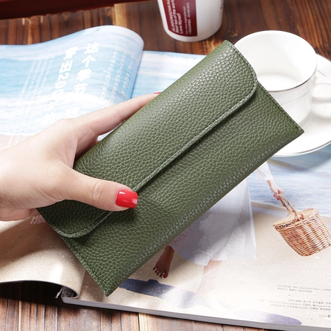 Women Long Wallet Pebbled PU Leather Large Capacity Phone Purse Envelope Clutch Solid Color Elegant