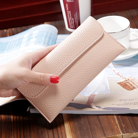 Women Long Wallet Pebbled PU Leather Large Capacity Phone Purse Envelope Clutch Solid Color Elegant