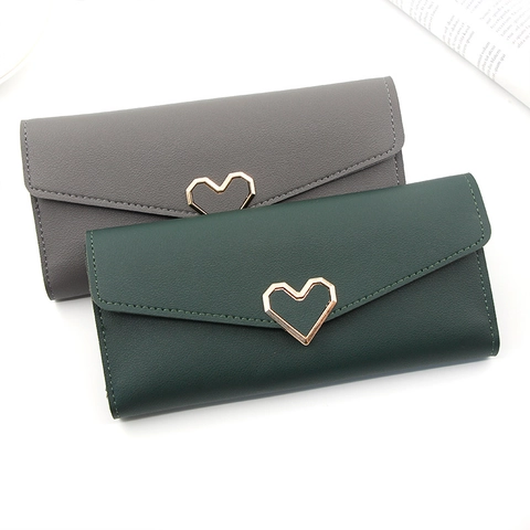 Portefeuille Long Femme En Cuir PU Boucle En Coeur Multi Fentes Cartes Pochette Mode Mince Pour Usage Quotidien