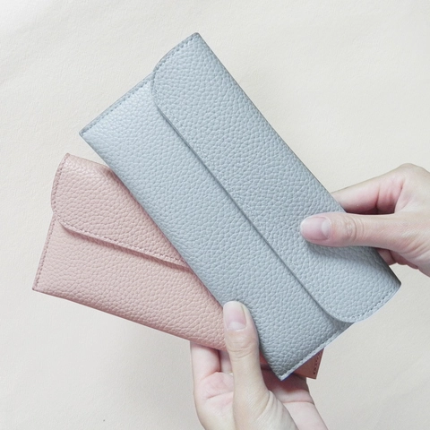 Damen Geldbörse Lang Aus PU Leder Mit Kieselmaserung Umschlagklappe Druckknopf Schlankes Design Kartenfächer Handyfach