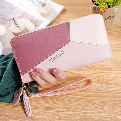 Portafoglio Lungo Donna Pelle PU Blocchi Colore Geometrici Clutch Cerniera Tasca Telefono Nappa Ciondolo Coniglio