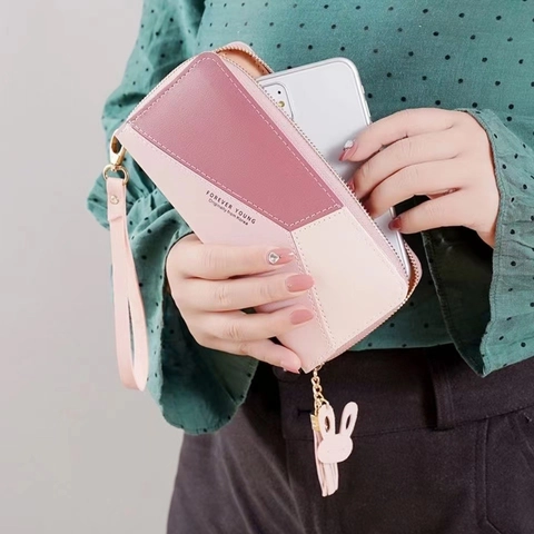 Portafoglio Lungo Donna Pelle PU Blocchi Colore Geometrici Clutch Cerniera Tasca Telefono Nappa Ciondolo Coniglio