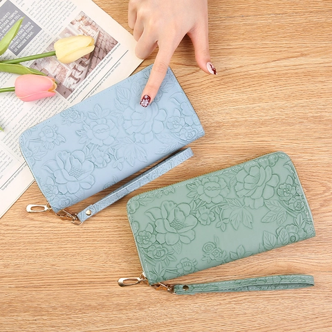 Damen Geldbörse Lang Blumenprägung PU-Leder Reißverschluss Clutch Handtasche Mit Handschlaufe Großes Fassungsvermögen