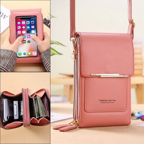 Women Crossbody Phone Bag PU Leather Touchscreen Window Double Zipper Elegant Solid Color Small Shoulder Purse