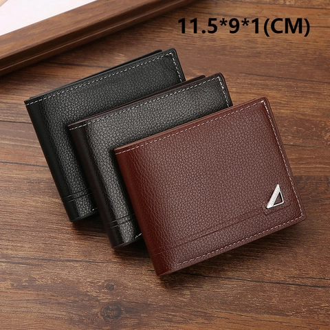 Men Bifold Wallet PU Leather Pebble Grain Short Purse Business Casual Horizontal Card Slots Photo Window Contrast Stitch