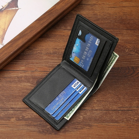 Men Bifold Wallet PU Leather Pebble Grain Short Purse Business Casual Horizontal Card Slots Photo Window Contrast Stitch