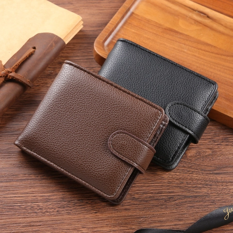 Cartera Bifold Para Hombre Cuero PU Patrón Lichi Múltiples Ranuras Tarjetas Cierre Presión Gran Capacidad Vintage Negocios