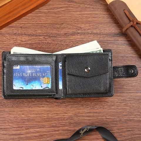 Men Bifold Wallet Lychee Pattern PU Leather Snap Button Multi Card Slots Coin Pocket Business Casual