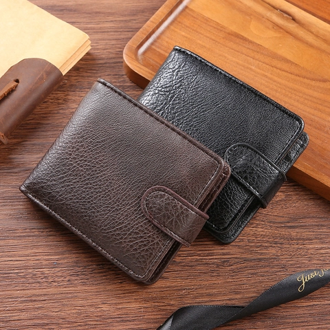 Cartera Plegable Corta Para Hombre Con Correa De Hebilla Textura Litchi Cuero PU Monedero Ranuras Para Tarjetas Y Bolsillo