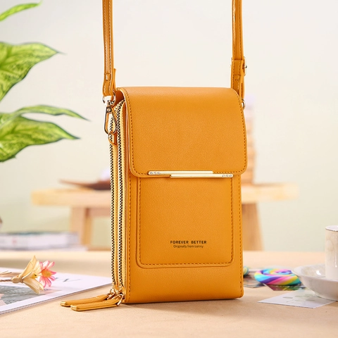 Women Crossbody Phone Bag PU Leather Touchscreen Window Double Zipper Elegant Solid Color Small Shoulder Purse