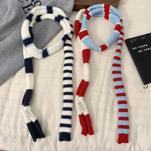 Gebreide Gestreepte Sjaal Voor Winter Warm Lang Smal Kleurblok Polyester Nekwarmer Koreaanse Schoolstijl Retro Mode Zacht