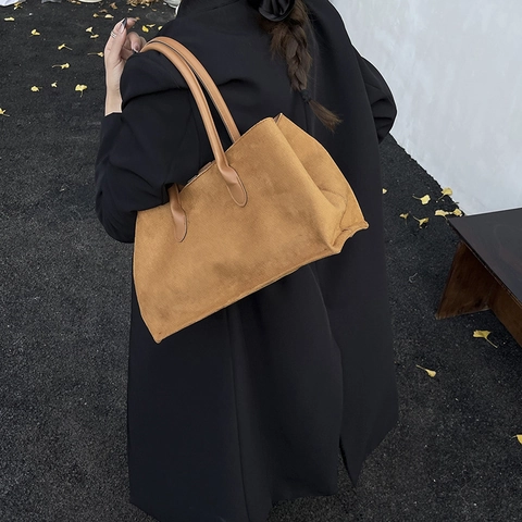 Women Vintage Faux Suede Tote Bag Large Capacity Minimalist Shoulder Bag Solid Color Commuter Handbag For Daily Work Travel