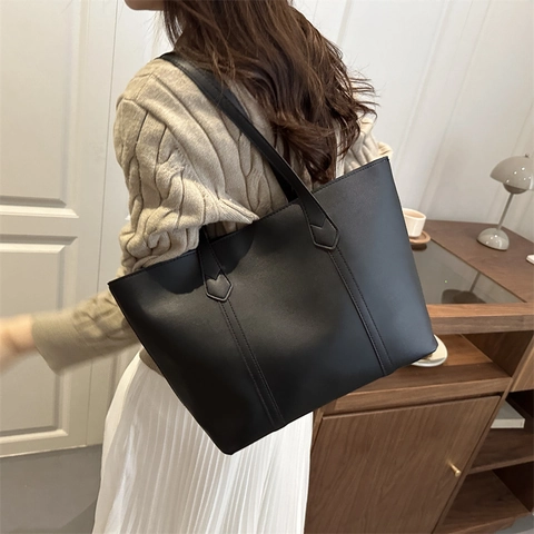 Women Large Capacity Tote Bag PU Leather Minimalist Solid Color Retro Commuter Shoulder Handbag