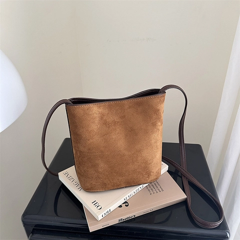 Women Vintage Leopard Print Faux Suede Bucket Bag Fashion Simple Shoulder Underarm Crossbody Bag Daily Handbag