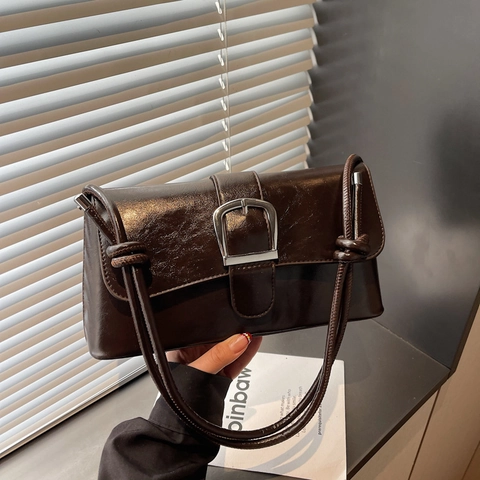 Vintage PU-Leder Unterarmtasche Für Damen Glänzende Baguette Schultertasche Mit Großer Silberschnalle Und Geknotetem Riemen