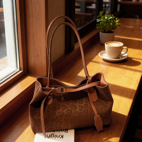 Leopard Print Tote Bag Suede PU Large Capacity Retro Fashion Shoulder Handbag For Women Daily Commute