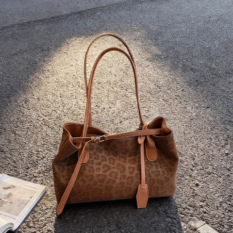 Leopard Print Tote Bag Suede PU Large Capacity Retro Fashion Shoulder Handbag For Women Daily Commute