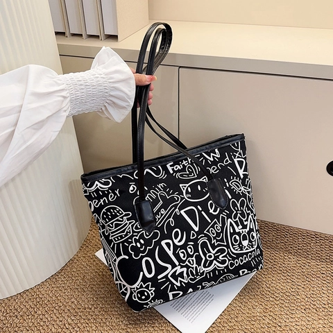 Graffiti Print Einkaufstasche Damen Segeltuch Große Kapazität Schultertasche Lässig Handtasche Reißverschluss Mode