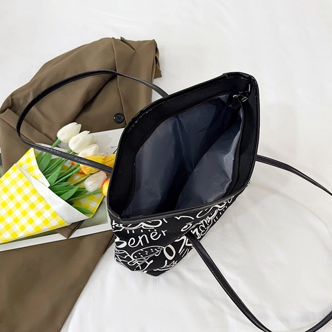 Graffiti Print Einkaufstasche Damen Segeltuch Große Kapazität Schultertasche Lässig Handtasche Reißverschluss Mode