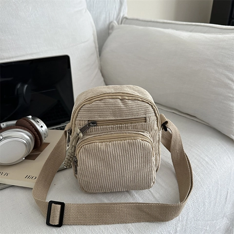 Damen Cord Umhängetasche Schultertasche Klein Mehrere Reißverschlüsse Nylon Futter Handy Tasche Für Schule Casual Alltag Top