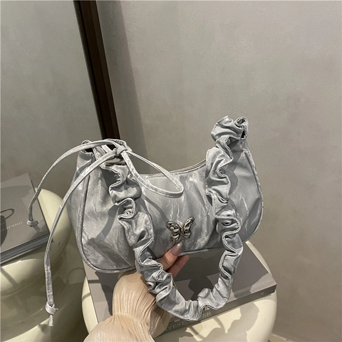 French Style Solid Color Ruched Hobo Underarm Shoulder Bag For Women New Butterfly Decor Pleated PU Leather Bag