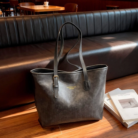 Borsa Tote Vintage In Pelle PU Grande Capacità Pendolare Borsa A Spalla Minimalista Retrò Stampa Lettere Donne Quotidiano