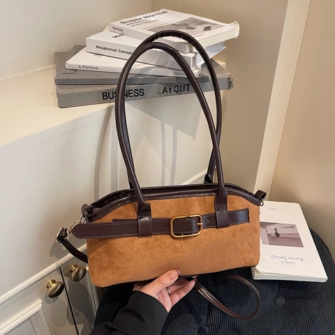 Borsa Sottoascellare Patchwork in Camoscio Vintage per Donna Borsa a Tracolla di Grande Capacità Con Fibbia in Metallo Borsa Casual