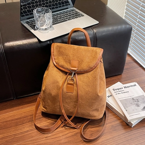 Sac À Dos En Daim Rétro Pour Femmes Sac Seau À Cordon Décontracté Mode Vintage Sac De Voyage Pour Dames