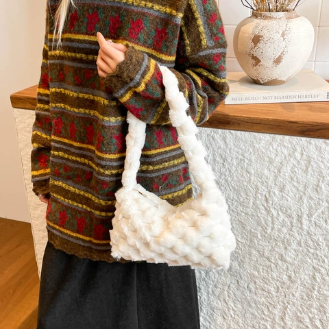 Damen Plüsch Schultertasche Kunstfell Umhängetasche Blasenstruktur Geflochten Weich Herbst Winter Freizeit Handtasche