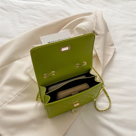 Crossbody Bag Quilted Rhombus PU Leather Metal Chain Strap Turn Lock Closure Elegant Fashion Square Handbag For Women