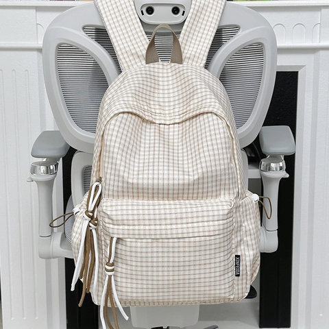 Gingham Karo Rucksack Damen Nylon Große Kapazität Schultasche College Stil Reise Daypack Mit Süßem Anhänger