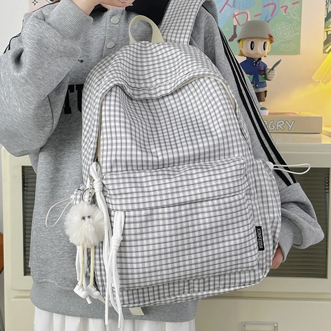 Gingham Karo Rucksack Damen Nylon Große Kapazität Schultasche College Stil Reise Daypack Mit Süßem Anhänger