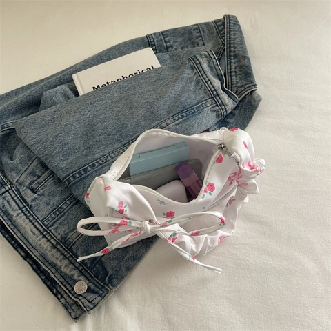 Borsa A Spalla Con Stampa Floreale Rosa Nylon Manico Scrunchie Fiocco Vintage Dolce Borsa Hobo