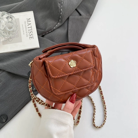 Women Mini Crossbody Bag Quilted PU Leather Chain Strap Flower Buckle Versatile French Style Small Elegant Handbag