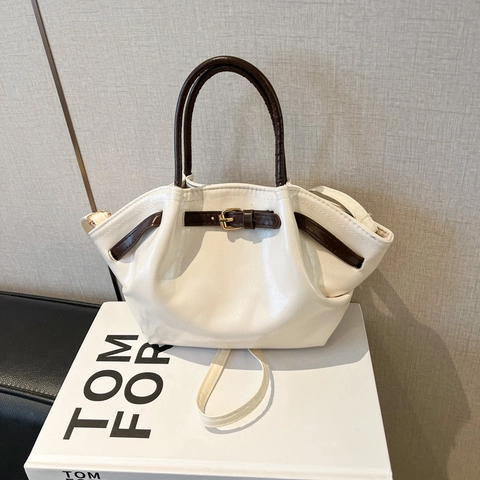 Bolso De Mano Plisado Retro Para Mujer Cuero PU Asa En Contraste Bolso Bandolera Hebilla Metálica Bolso Elegante