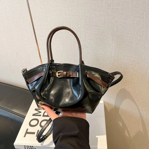 Bolso De Mano Plisado Retro Para Mujer Cuero PU Asa En Contraste Bolso Bandolera Hebilla Metálica Bolso Elegante