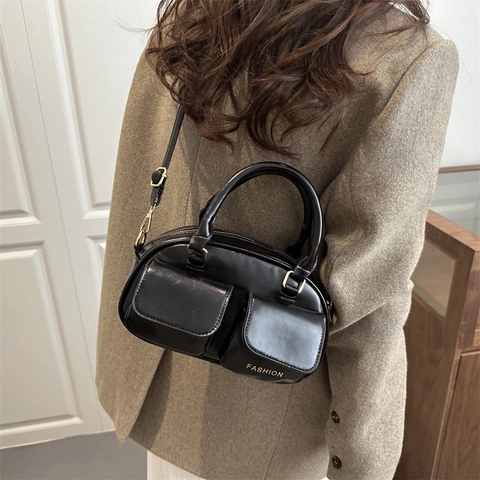 Borsa A Mano Retro In Pelle PU Donna Borsa A Tracolla Doppie Tasche Anteriori Versatile Borsa Da Spalla Hardware Dorato