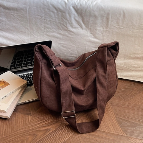 Hobo Bag Large Capacity Suede Like Fabric Crossbody Shoulder Bag Half Moon Design Adjustable Wide Strap For Women Casual