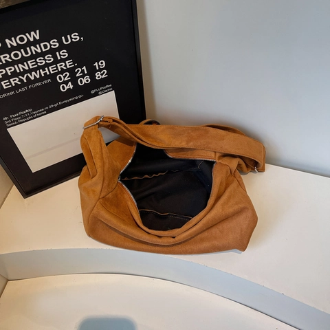 Hobo Bag Large Capacity Suede Like Fabric Crossbody Shoulder Bag Half Moon Design Adjustable Wide Strap For Women Casual