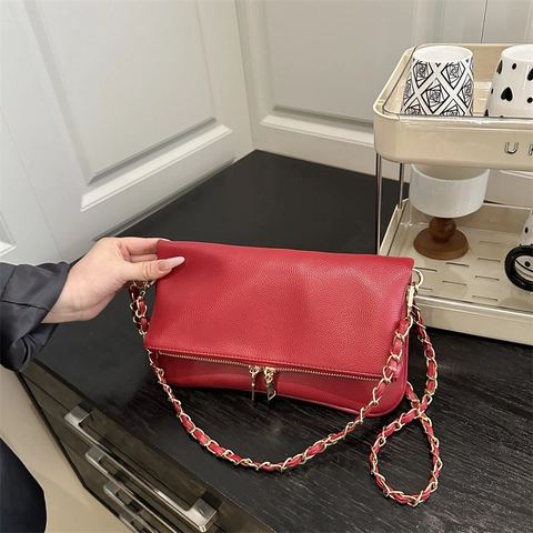 Lychee Texture PU Leather Crossbody Bag For Women Fashion Simple Chain Shoulder Strap Small Square Flap Bag