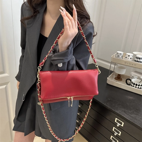 Lychee Texture PU Leather Crossbody Bag For Women Fashion Simple Chain Shoulder Strap Small Square Flap Bag