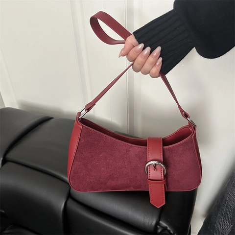Damen Achseltasche Schultertasche Frosted PU Leder Wildleder Textur Sichelform Baguette Minimalistisch Vintage Retro Silberne Schnalle