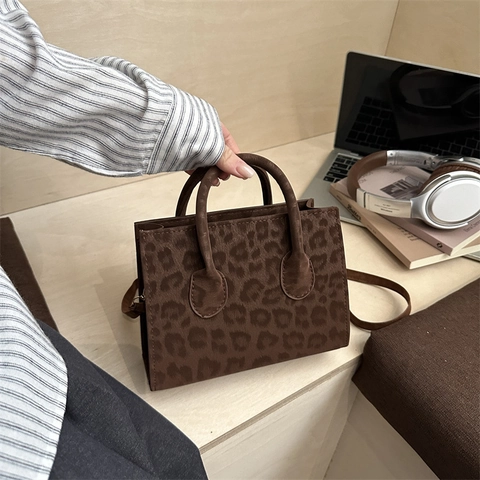 Women Leopard Print Crossbody Bag PU Suede Handbag Small Square Tote Adjustable Strap Urban Chic Animal Pattern